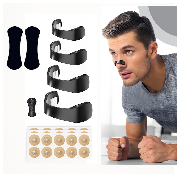 Dilatator nazal magnetic, 4 benzi de marimi diferite, aplicator, 30 plasturi magnetici, 2 benzi nazale incluse, pentru sforait si sport, rezistent la umezeala