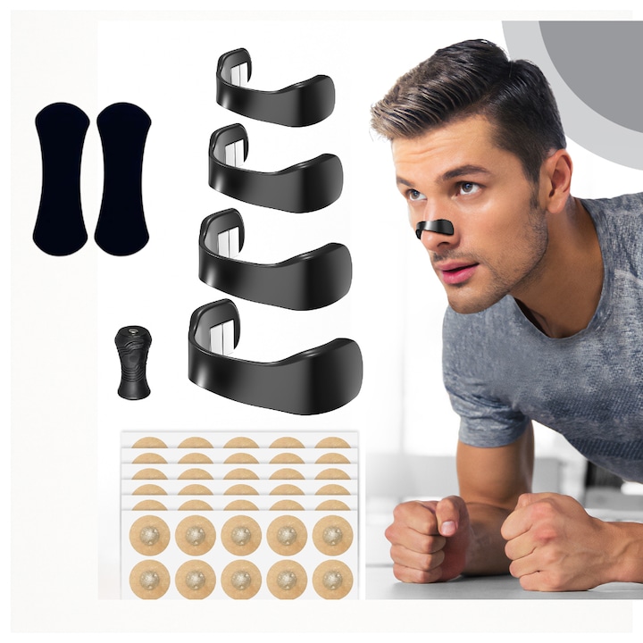 Dilatator nazal magnetic, 4 benzi de marimi diferite, aplicator, 60 plasturi magnetici, 2 benzi nazale incluse, pentru sforait si sport, rezistent la umezeala