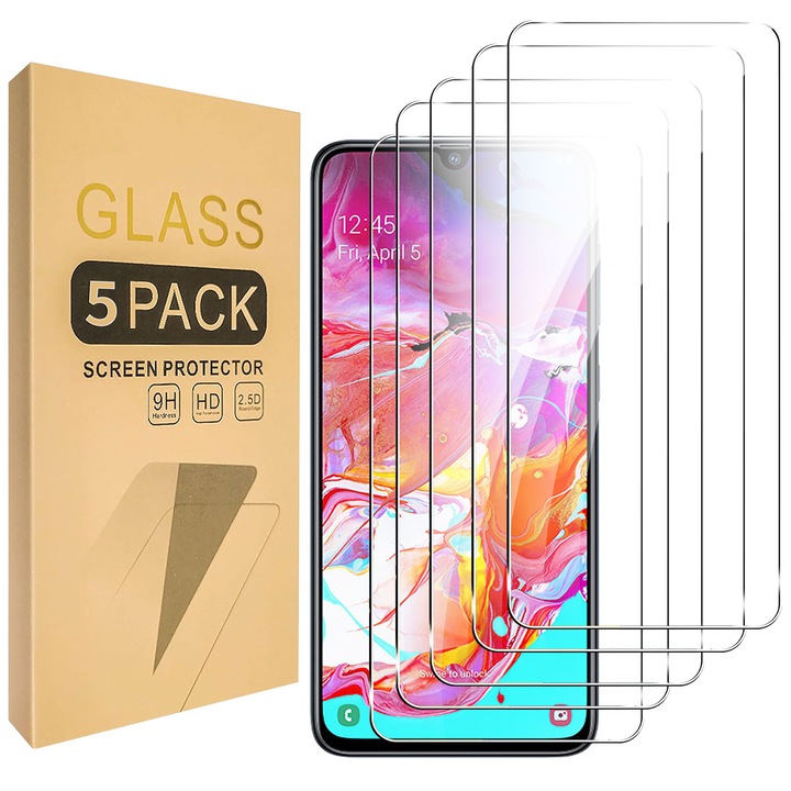 Set 5 Folii sticla compatibil cu pentru Samsung Galaxy A70, 3D, Full Glue, Sticla Securizata, Duritate Militara, Ultra HD, Anti Zgarieturi, Anti Socuri