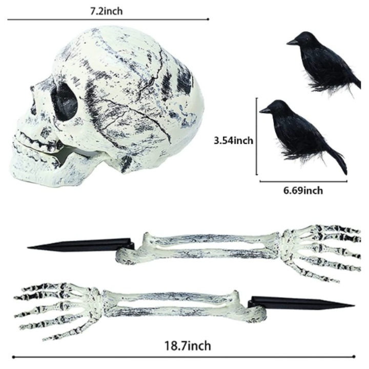 Комплект Хелоуин декорация, 1 череп, 2 врани, 2 изкуствени ръце, зловеща декорация за градина, двор или морава