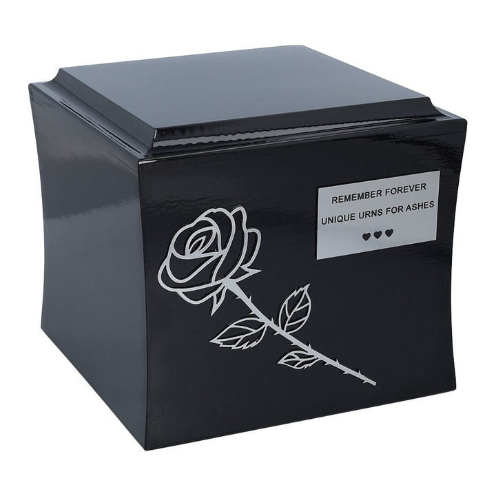 Urna funerara din lemn cu sicriu de incinerare cu trandafir pentru cenusa Remember Forever, negru