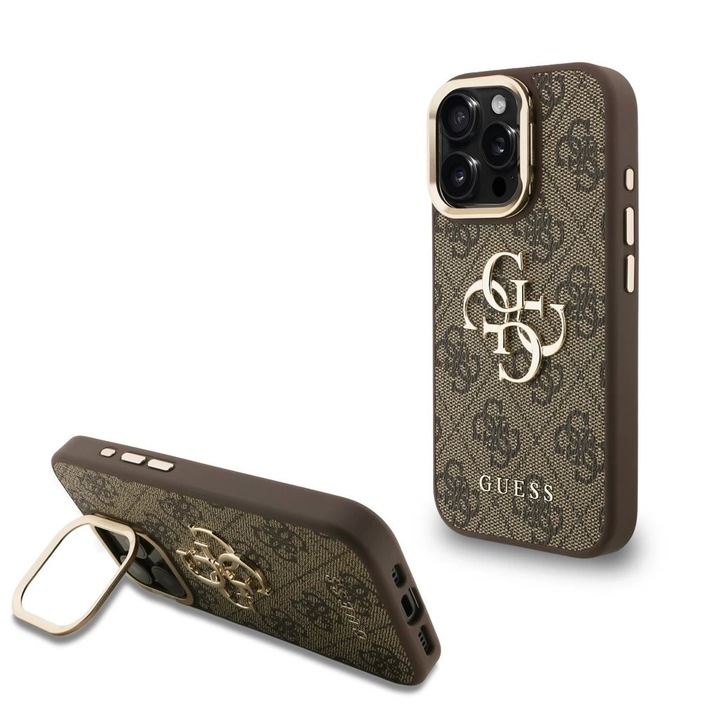 Калъф Guess PU 4G с метално лого и рамка за камера за iPhone 16 Pro Max, кафяв