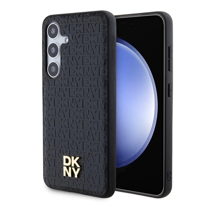 DKNY PU Leather Repeat Pattern Stack Logo Magsafe tok Samsung Galaxy S24+ készülékhez fekete