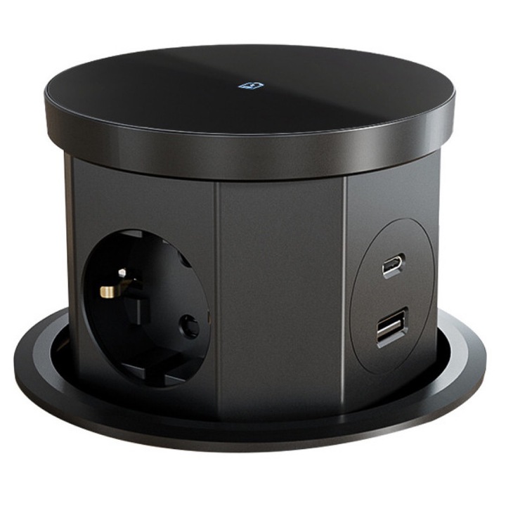 Прибиращ се вграден контакт, Rqiurpn, 15W безжично зареждане, 3 контакта, 2 USB порта, 1.5 м кабел, модерен и елегантен, за монтаж в офис или кухня, модерни технологии, организация и пестене на място, черен