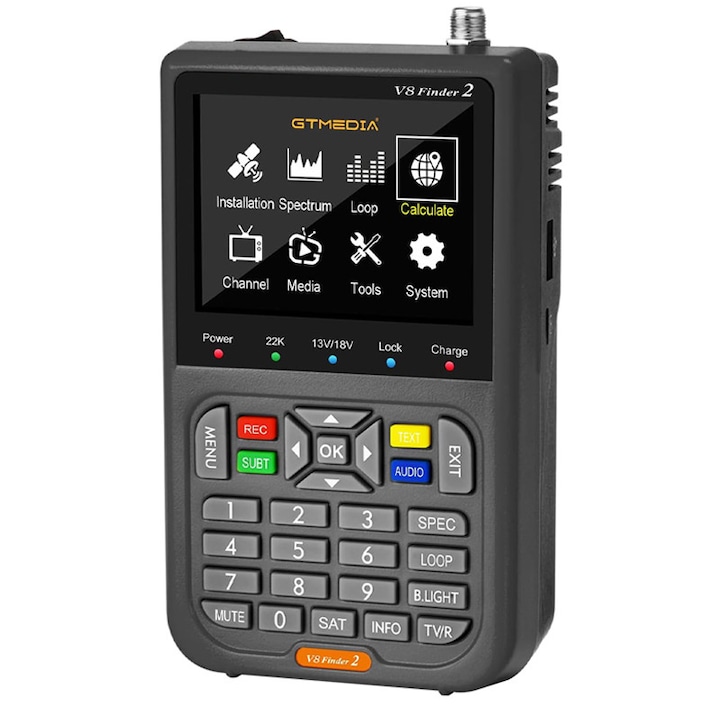 Detector satelit, Rqiurpn, ecran LCD 3.5'', acumulator 4000mAh, functii multiple, suport DVB-S2/S2X, Plastic, Negru