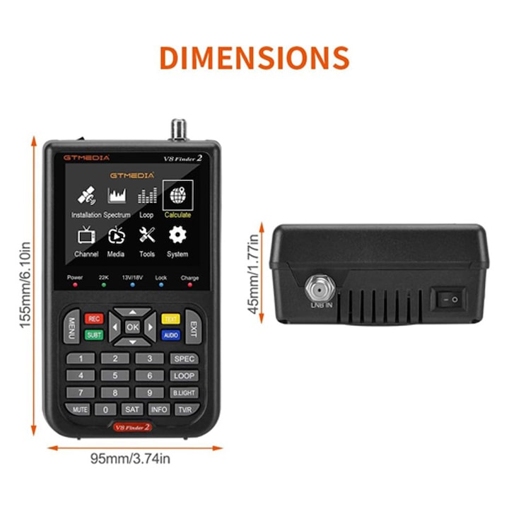 Detector satelit, Rqiurpn, ecran LCD 3.5'', acumulator 4000mAh, functii multiple, suport DVB-S2/S2X, Plastic, Negru