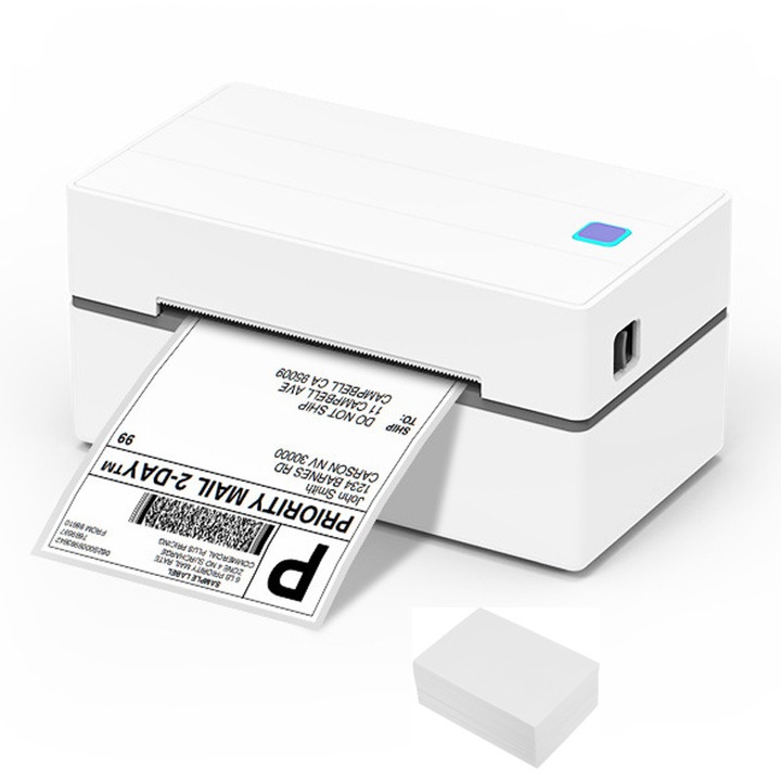 Термопринтер за етикети и AWBs, Rqiurpn, качество 203 DPI, скорост на печат 15 см/сек, максимална ширина 104 мм, Bluetooth връзка, USB, сензор за откриване на хартия, съвместим с iOS / Android / Windows / MacOS, преносим, бял