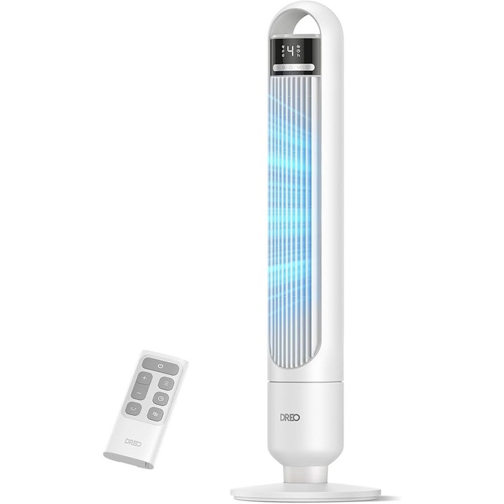 Dreo DR-HTF017 WH – Ventilator Turn Silentios de 23 dB, cu Racire, Telecomanda, 4 Trepte de Viteza, 3 Moduri, Raza de Vant de 9, 8 m, Temporizator de 8 Ore, Oscilatie la 90°, alb