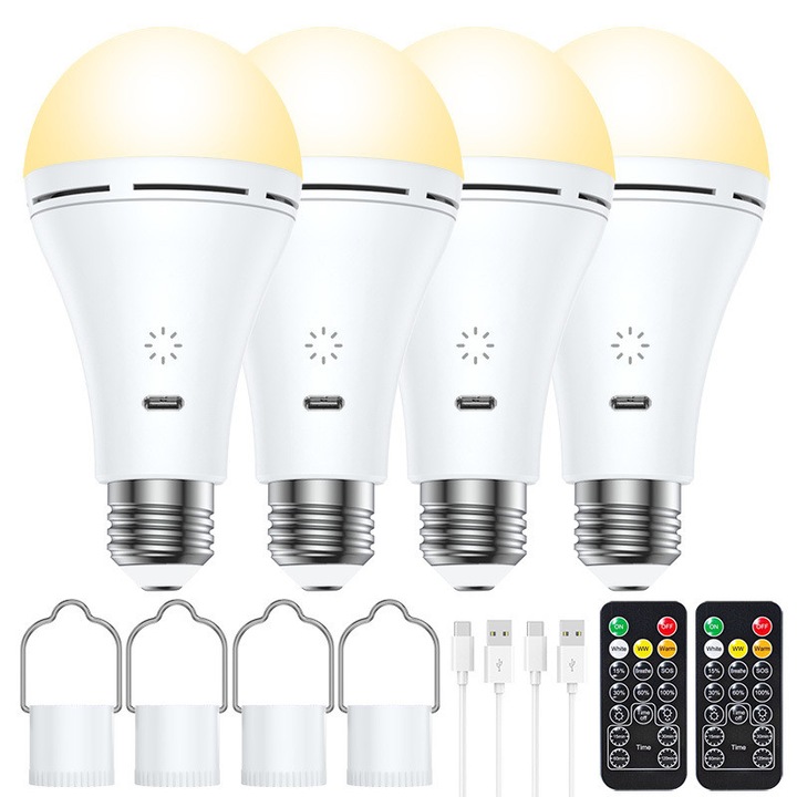 Комплект от 4 LED крушки с дистанционно управление, Rqiurpn, акумулаторни, 1500mAh, 9W, таймер, 3 цветни температури, димируеми, бели