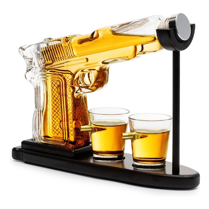 Комплект гарафа за уиски тип Пистолет, Rqiurpn, 230 мл, с две чаши от 50 мл, Дървена стойка, Ръчно изработен, Прозрачен