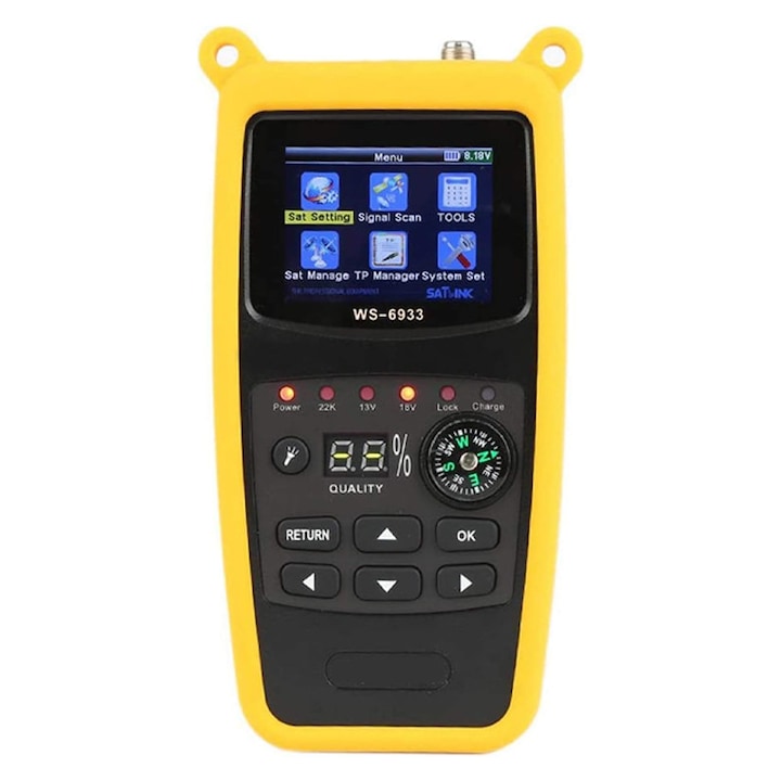 Aparat reglat antene satelit, Rqiurpn, detector semnal cu display LCD de 2.1 inch, alimentare cu acumulator, design portabil, Plastic, Negru/Galben