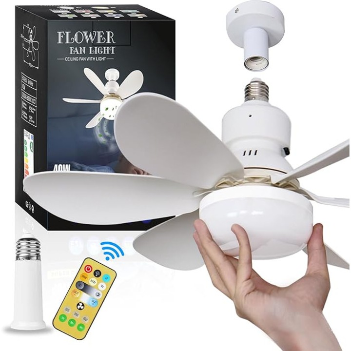 Ventilator cu LED si Telecomanda Aurov®, Montaj E27/E26 tip Bec, 3 Viteze, lumina Reglabila RGB, mod Noapte, Pentru dormitor, bucatarie, camera copilului, Alb