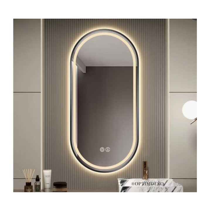 Oglinda Baie LED Ovala 60x80 cm, cu Rama neagra, Aprindere cu touch, Functie dezaburire