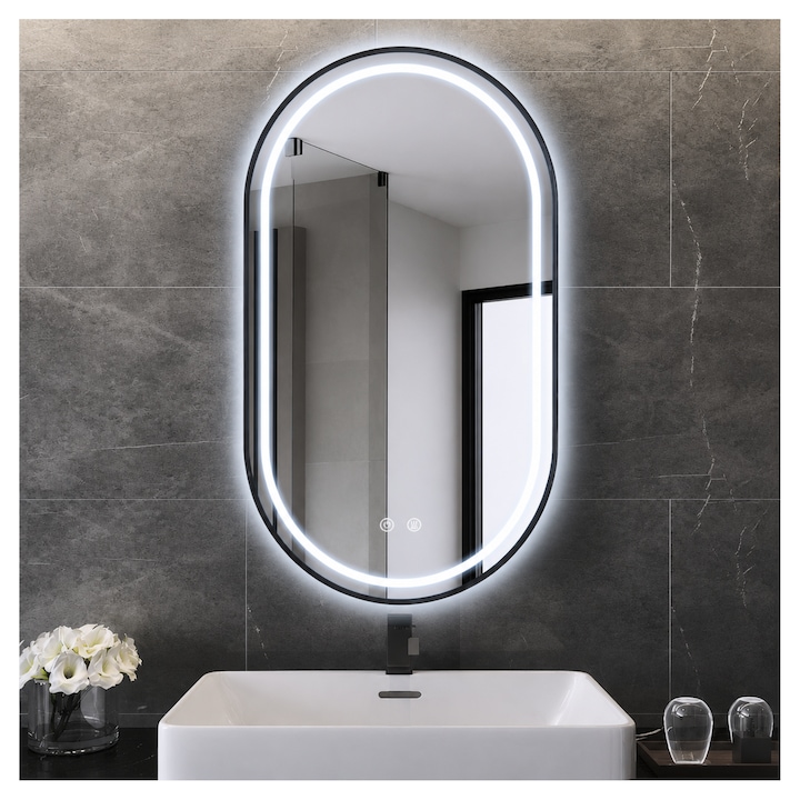 Oglinda Baie LED Ovala 60x80 cm, cu Rama neagra, Aprindere cu touch, Functie dezaburire