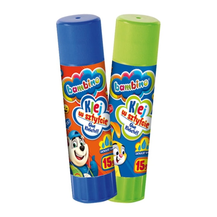 Ragasztóstift, Bambino, ragasztósúly 15 g, papír, karton, címkék, fényképek rögzítésére, otthoni, iskolai és irodai használatra, megfelel a játékok biztonsági szabványainak – 2009/48/EK irányelv