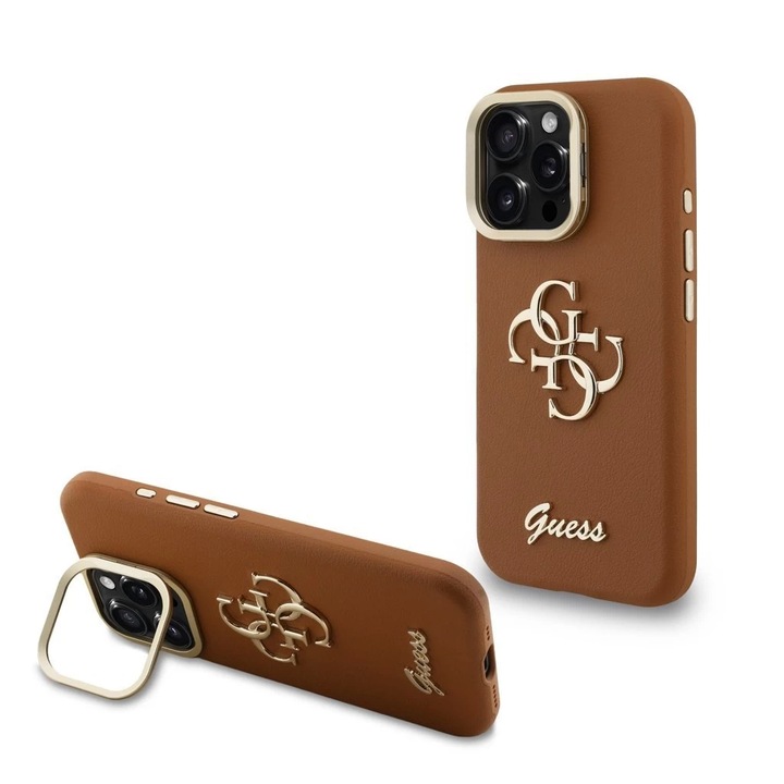 Guess PU Grained 4G Logo Stand Camera Frame tok az iPhone 15 Pro Max készülékhez barna