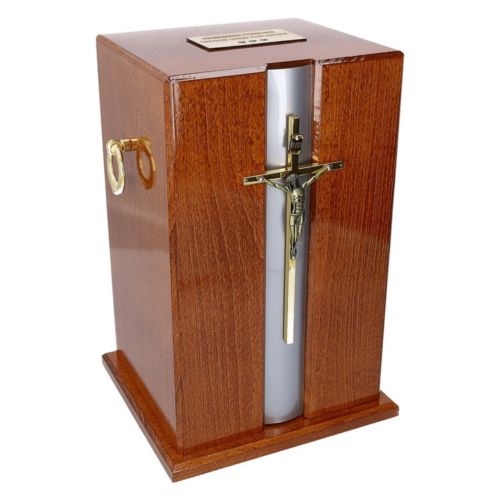 Urna funerara din lemn pentru cenusa cu cruce Remember Forever, maro