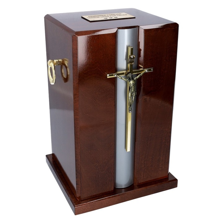 Urna funerara din lemn pentru cenusa cu cruce Remember Forever