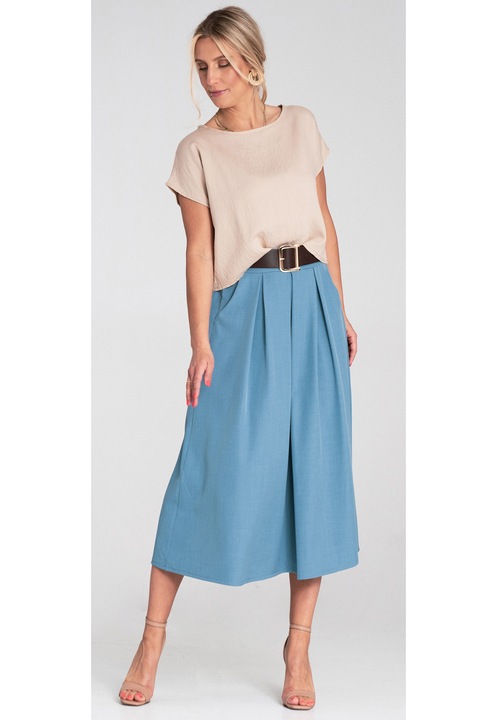 Миди пола Figl, синя, висока талия, декоративен колан, разкроена, с джобове, размер SM INTL