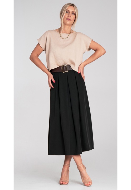 Миди пола Figl, черна, висока талия, разкроена, с широк колан и странични джобове, размер SM INTL