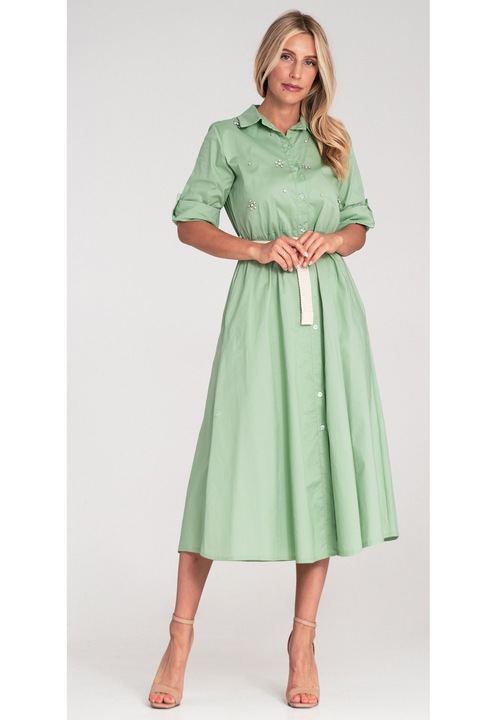 Rochie midi Figl, verde, bumbac, cu aplicatii si curea impletita, S-M INTL
