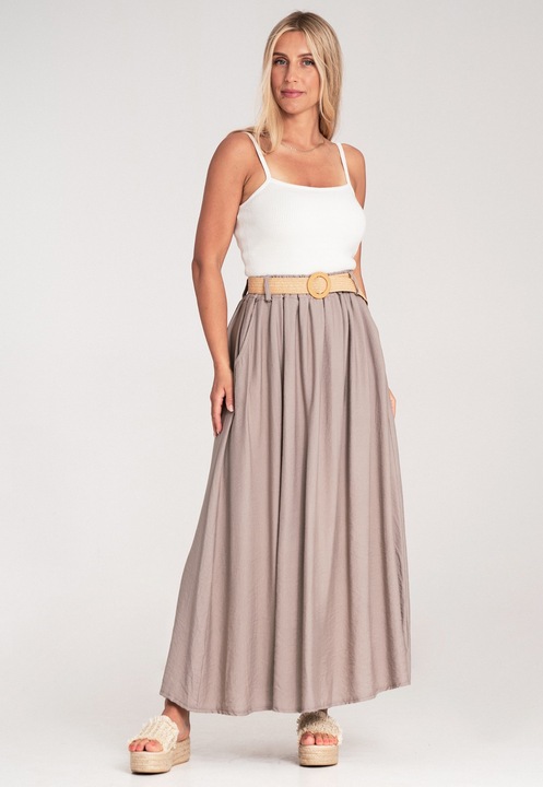 Дълга пола Figl, разкроена, еластична талия, плетена каишка, бежова, лека материя, L-XL INTL