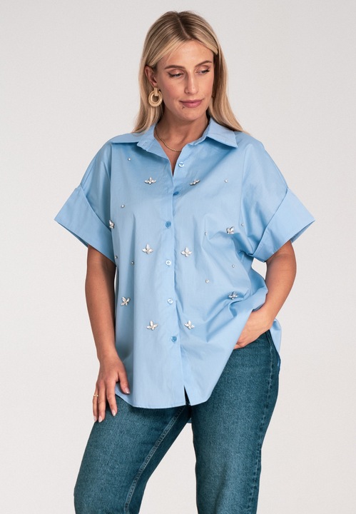 Figl túlméretezett ing, kék, virágos és gyöngyös díszítésekkel, pamutból, a meleg évszakra, SM INTL