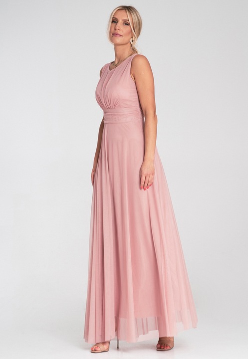 Rochie de seara maxi, Figl, fara maneci, roz, plasa, S-M INTL