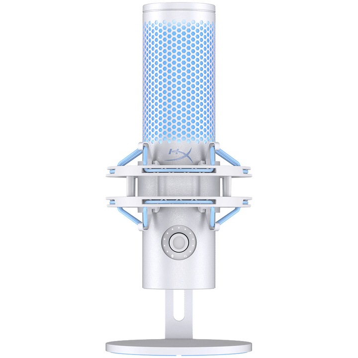 Микрофон HyperX QuadCast 2 Frost за игри, стрийминг и подкастинг, USB-C, Сензор за изключване на звука с докосване, LED индикатор за състоянието на микрофона, Вградено управление, Подвижна удароустойчива стойка, LED осветление, PC/Mac/PS5/PS4, Бял