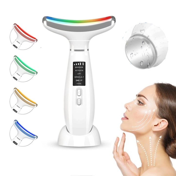 Dispozitiv Facial Multifunctional Profesional, 6 in 1, Reducerea Ridurilor, Hidratare, set complet cu baza, alb