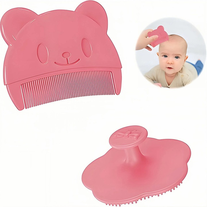Комплект четка и гребен за масаж на скалпа за бебета, розови, изработени от мек силикон