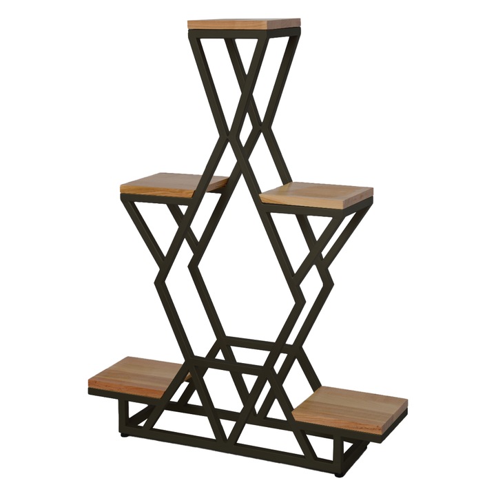 Raft FLORA, inaltime 102 cm, latime 80 cm, cm, cu 5 polite din lemn de cires 20*20*2 cm, din teava patrata cu latura de 2 cm, vopsit electrostatic negru mat