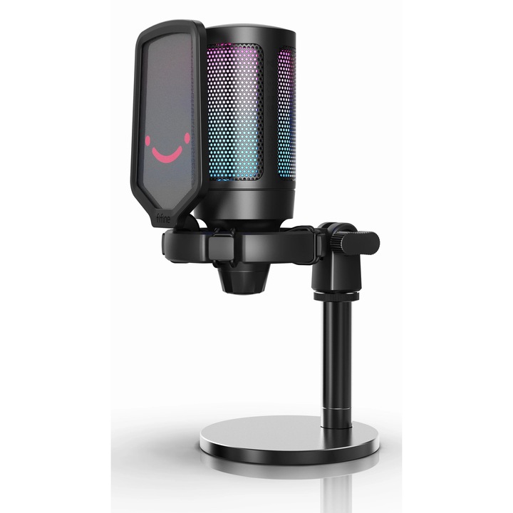 Microfon Fifine AmpliGame A6 Condensator de studio, RGB, 60 Hhz - 18 kHz, Compatibil cu Win Mac, negru