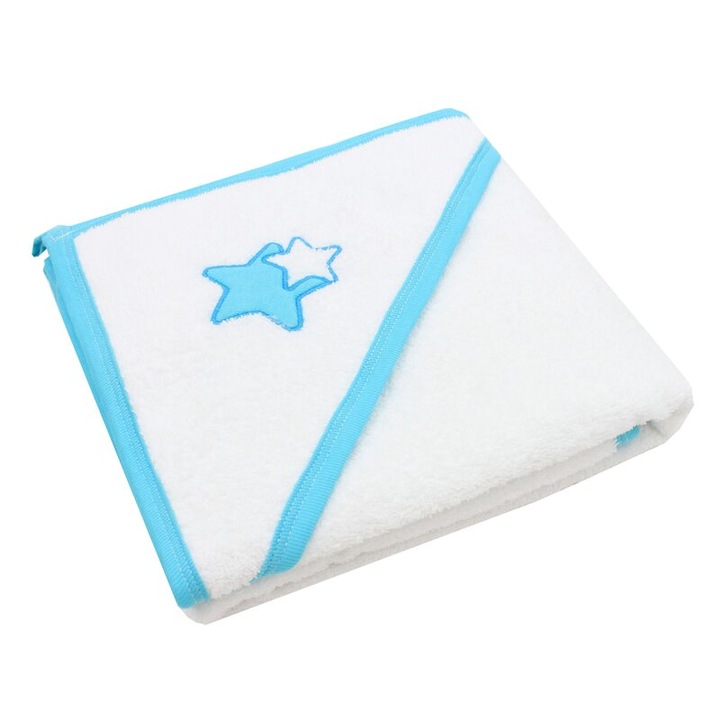Prosop cu gluga, bumbac, stelute turcoaz, 80 x 100 cm, alb
