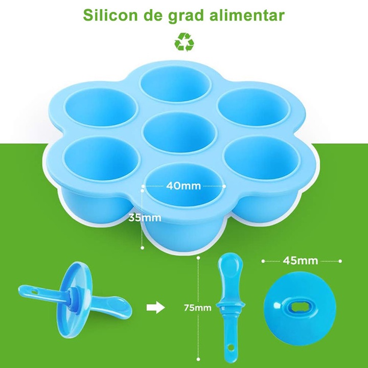Set 14 forme pentru inghetata, Rqiurpn, Silicon alimentar, Fara BPA, Pentru congelarea fructelor sau iaurtului, Albastru/Verde