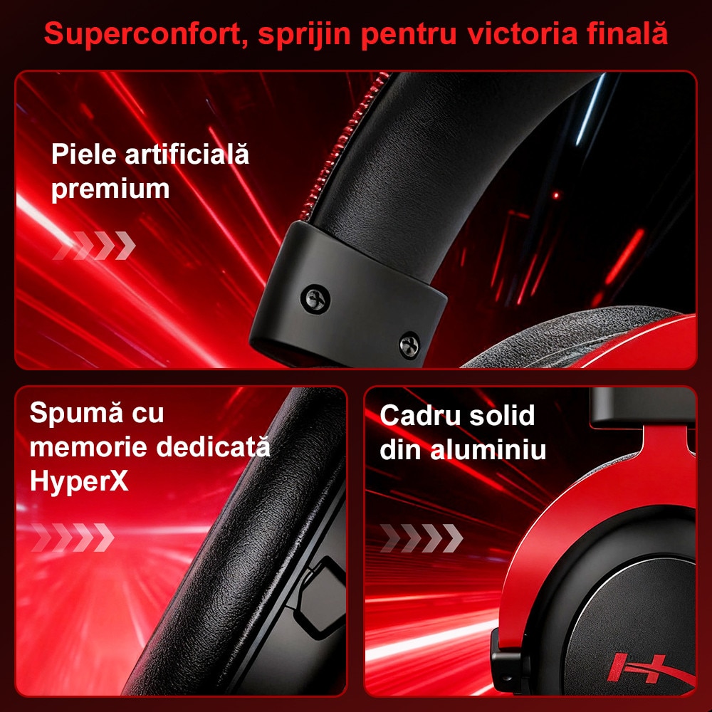 Casti gaming HyperX Cloud II, sunet surround 7.1, drivere de 53mm, microfon detasabil cu noise cancelling, certificat Discord/TeamSpeak, spuma cu memorie, compatibil multiplatforma, gri