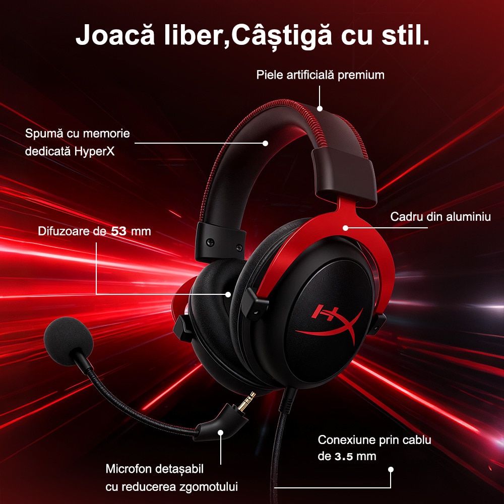 Casti gaming HyperX Cloud II, sunet surround 7.1, drivere de 53mm, microfon detasabil cu noise cancelling, certificat Discord/TeamSpeak, spuma cu memorie, compatibil multiplatforma, gri