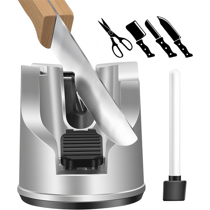 Ascutitor de cutite, BOMSTOM, baza cu ventuza, argintiu, 6.7x6.7x7.6cm