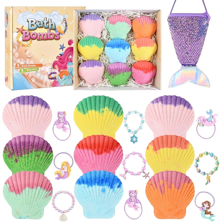 Set 9 Bombe de Baie Efervescente, Wacorresi, Bile de Baie pentru copii cu jucarii in interior, cu Arome si Culori Diferite, cu unt de Shea si uleiuri esentiale, ingrediente naturale, 9x150g, Multicolor