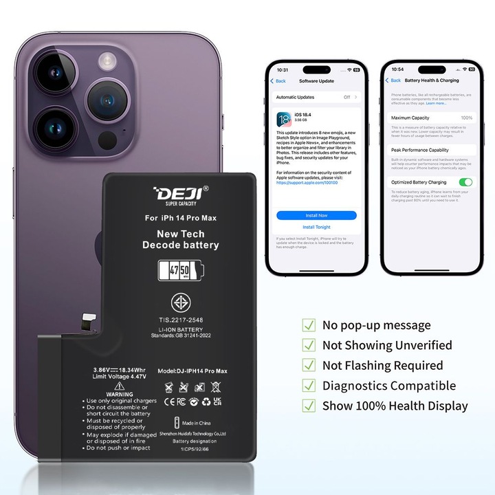 Baterie Compatibila Iphone 14 Pro Max, Diagnostic, Capacitate Marita (4750 mAh)