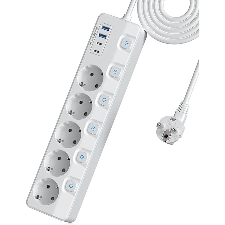 Prelungitor pentru perete/podea, 5 prize cu intrerupator individual, 2 porturi USB-C, 2 port USB-A, cu prindere pentru perete, 4 picioare silicon, cablu de 2 m, protectie la supratensiune, material ignifug, alb