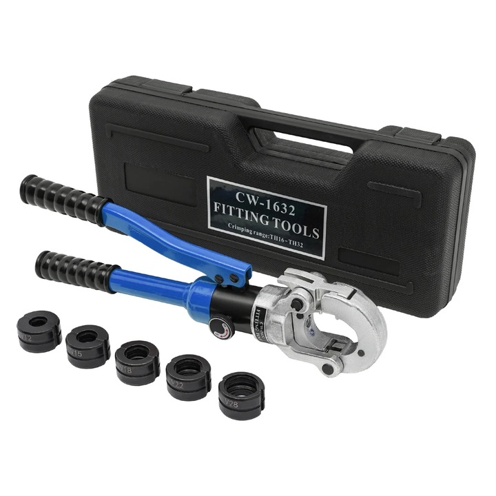 Hidraulikus krimpelőfogó, 80KN nyomás, 5 szerszám, 360°-os fej, ergonomikus fogantyú, kék