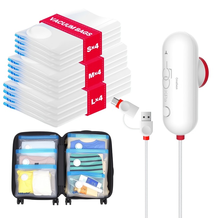 Vákuumzsák Készlet Ruhákhoz USB-C & USB Pumpával, Omelivon®, 40x40cm*4/40x50cm*4/40x60cm*4, Max Utazási Készlet, 12 db