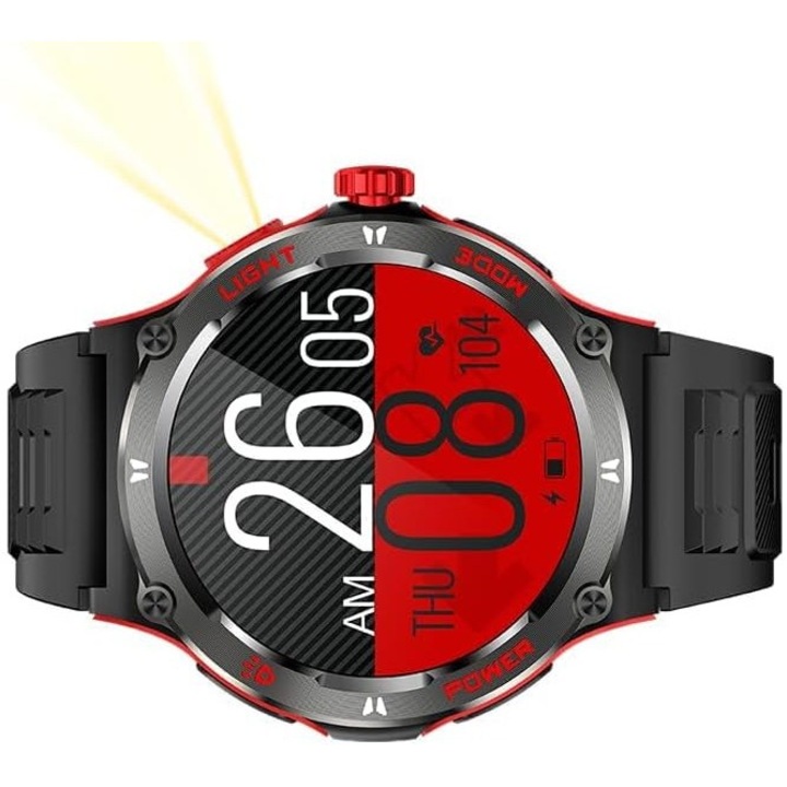 Мъжки смарт часовник KT76 2024, за спорт на открито, водоустойчив, BT разговори, фенерче, AI гласов асистент, черен с червено, наблюдение на здравето, Bluetooth, за на открито