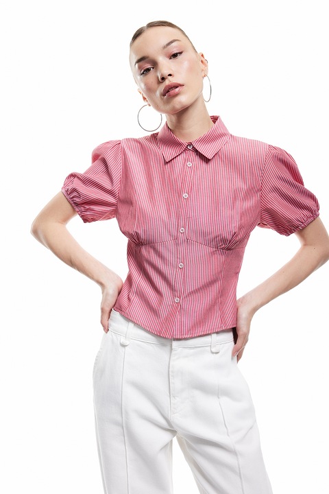 KOTON, Camasa cu dungi si maneci bufante, Alb/Coral