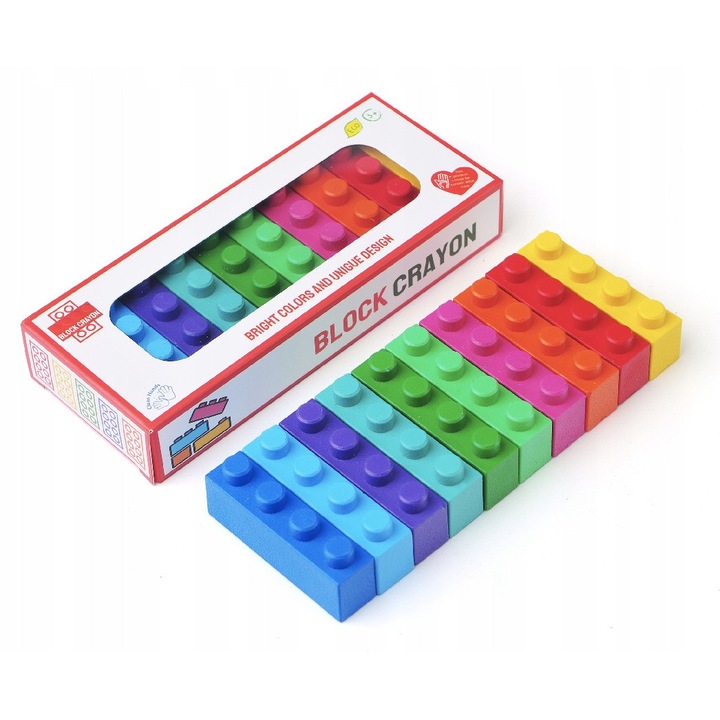 Set 10 Creioane colorate bloc, Multicolor, cerate, Sigur pentru copii, Usor de tinut in mana, Culori stralucitoare, Blocurile pot fi conectate