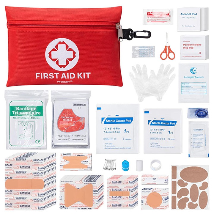 Trusa sanitara, Rqiurpn, 150 piese, Set de urgenta, Compacta, Pentru calatorii, acasa, birou, vehicul, camping, la locul de munca si in aer liber, Multicolor