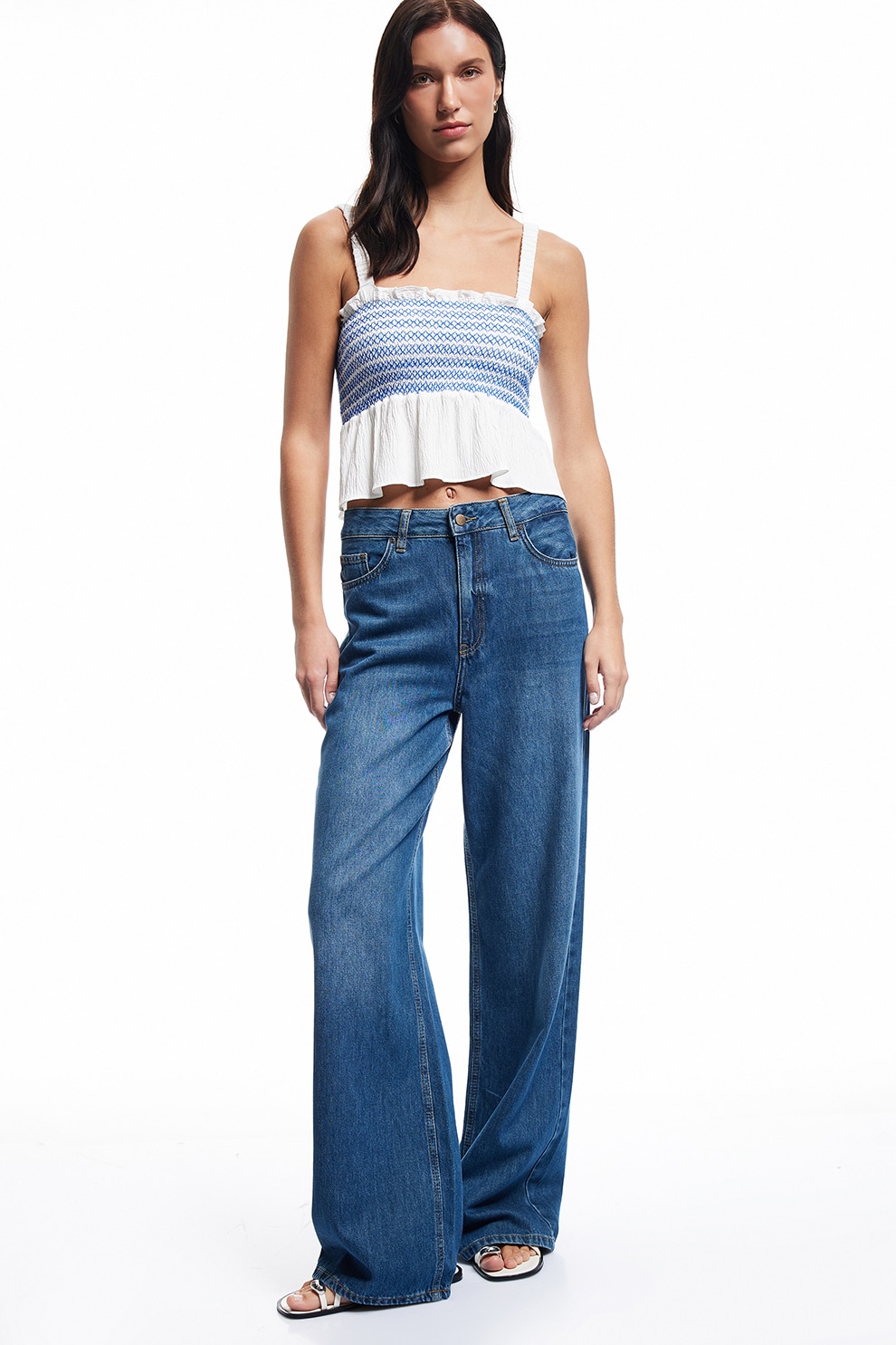 KOTON, Top crop cu insertii elastice, Alb optic, Albastru, 42