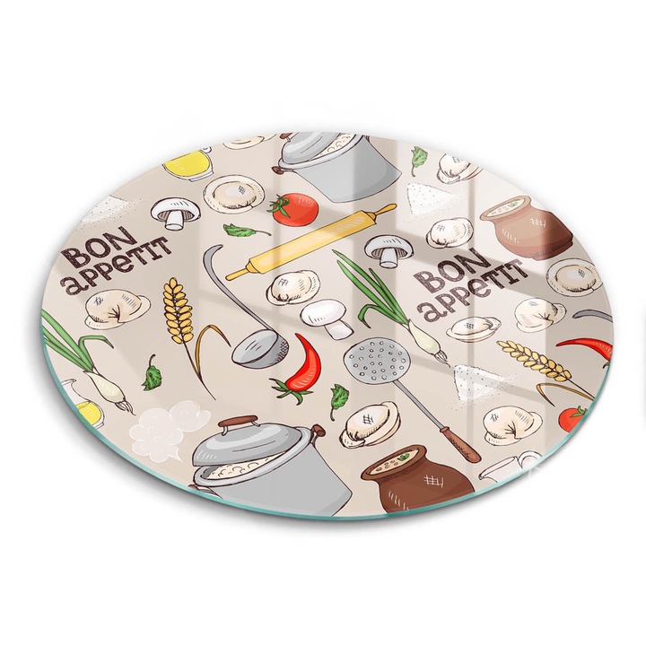 Üveg vágódeszka, Wallfluent, Ilustrație de bucătărie, Ø30 cm, Bézs
