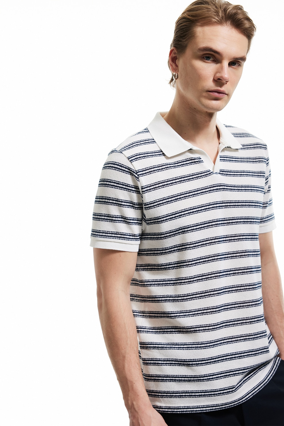 KOTON, Tricou polo cu dungi, Alb, Albastru inchis, M